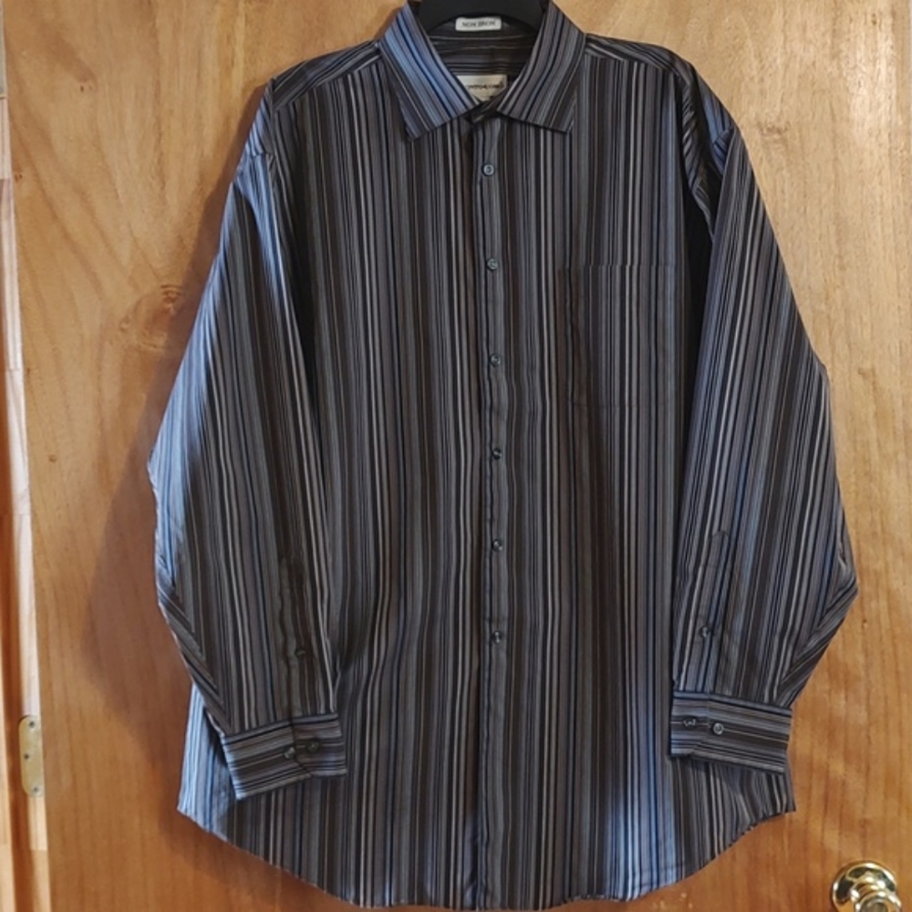 Pronto Uomo Mens Non Iron Button-Down Shirt Brown and Blue Stripe 100% Cotton XL